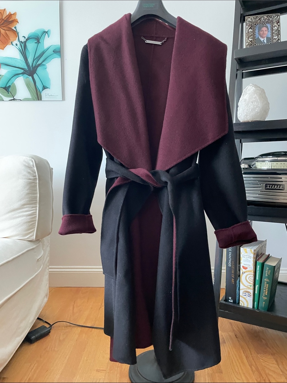 Diane Von Furstenberg Black and Deep Burgundy Wrap Coat